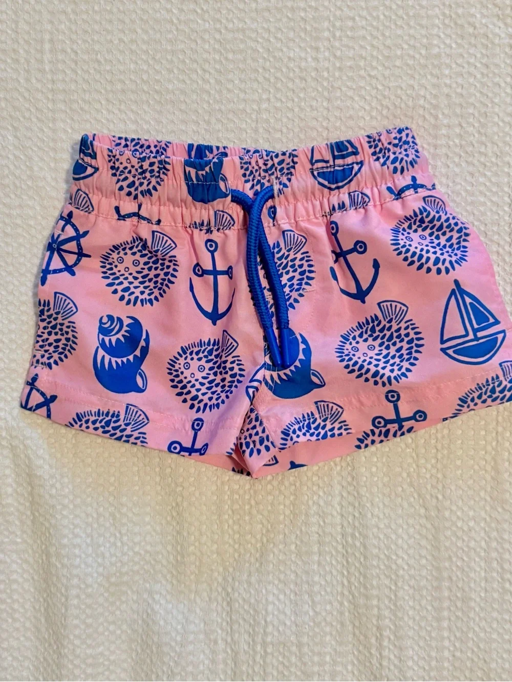 The Beaufort Bonnet Company Pink Swim Trunks with Blue Nautical Print